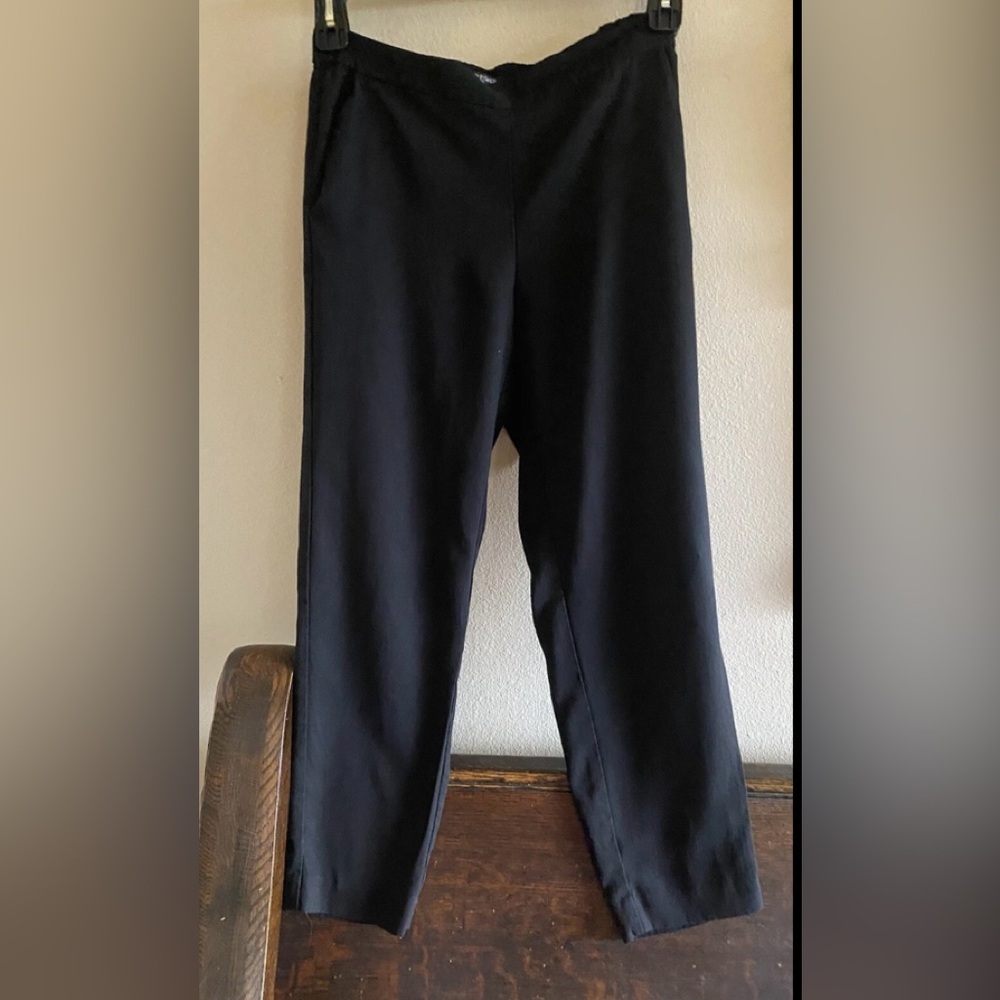 Eileen Fisher black tensel elastic back waistband pockets ankle pants